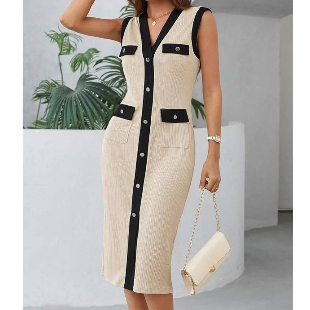 NWT Grace Karin Ribbed Knit Button Front Midi Dress Beige Black 2XL